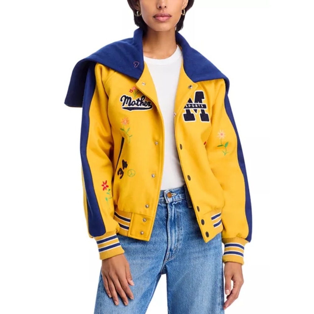 MOTHER The Split Hood Team Spirit Jacket Drop Out Yellow Navy Varsity L